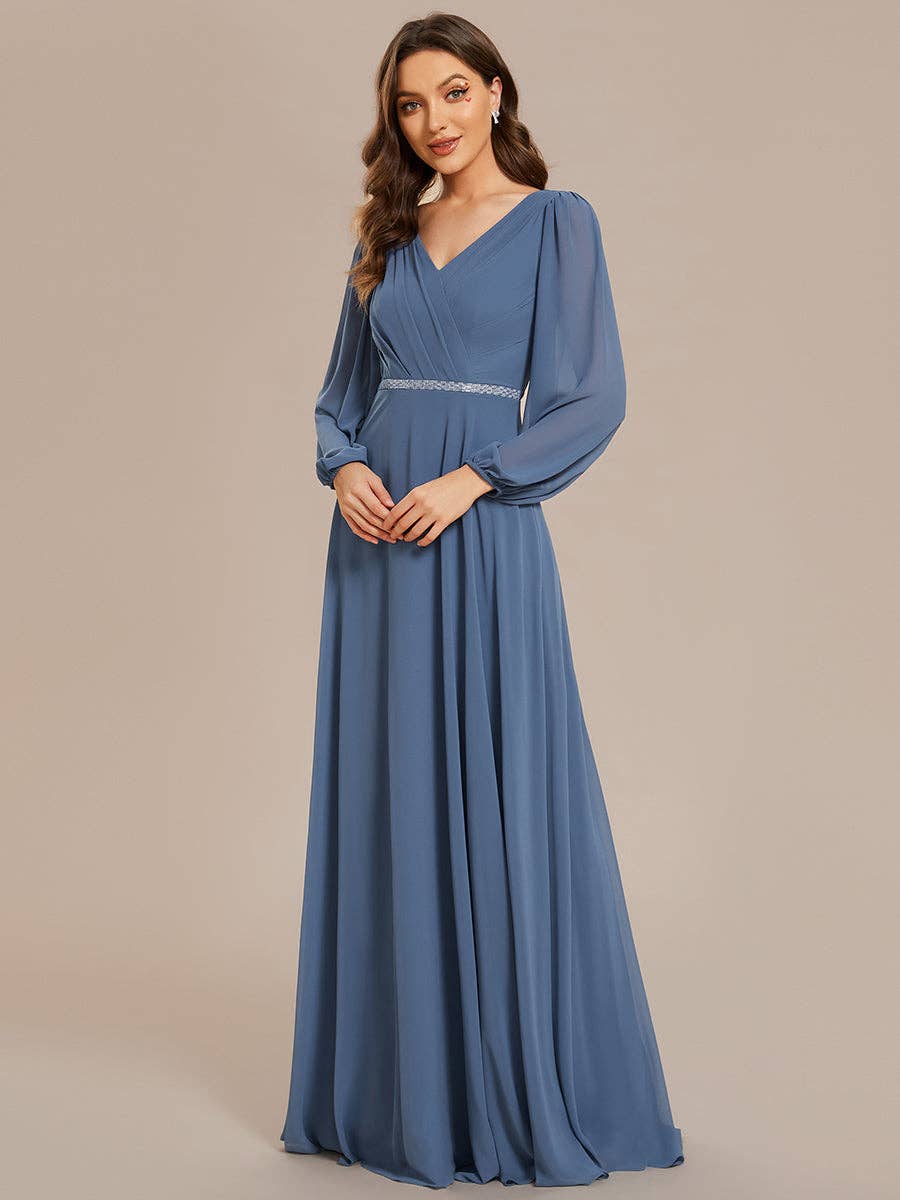 Ever-Pretty - Elegant waisted chiffon V-neck Long Sleeve guest Dress: Burgundy / 12