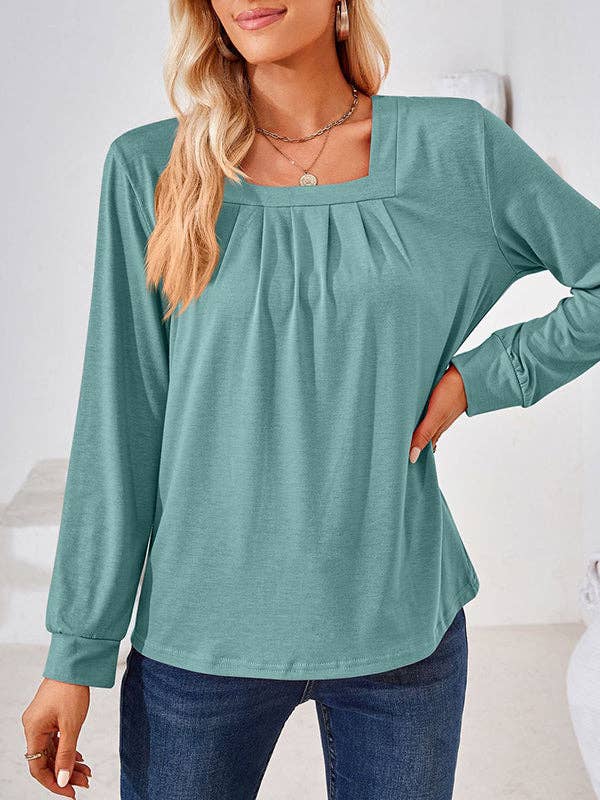 UZ Wholesale Store - Long Sleeves Loose Pleated Solid Color Square-Neck T-Shirts Tops: PINK / 2XL