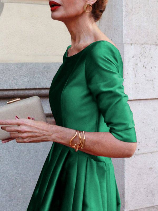 Sheer Trend - A-Line Loose Pleated Pockets Solid Color Split-Joint Round-Neck Midi Dresses: 2XL / GREEN