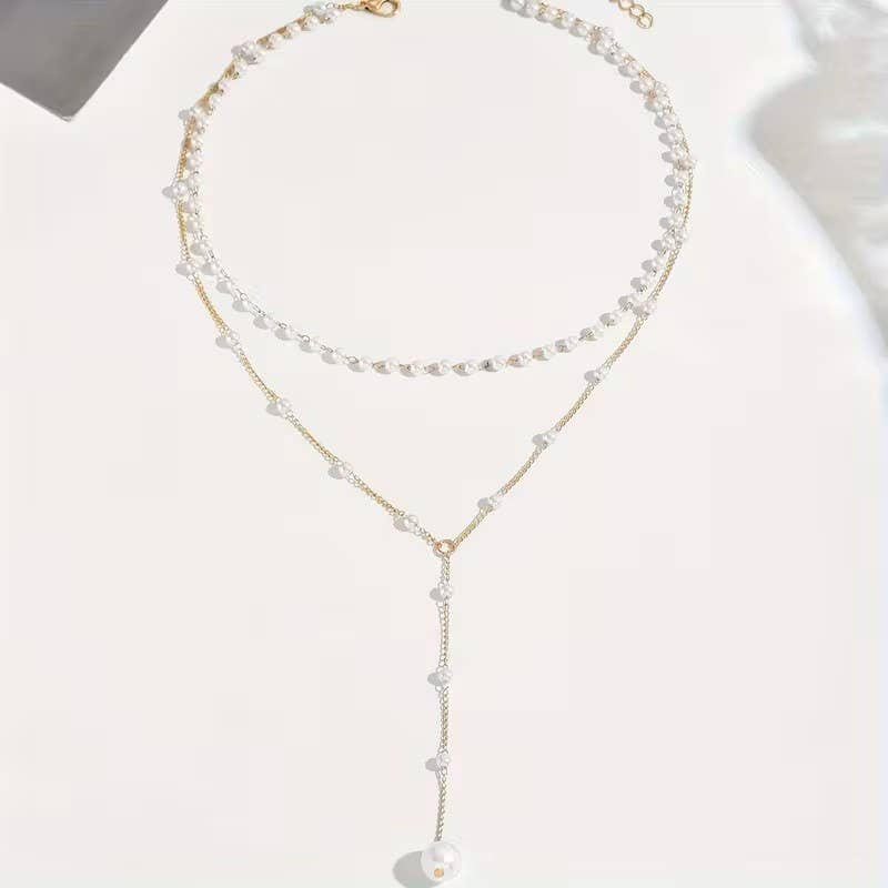 Syrrios Gifts LLC - Layered Pearl Necklace Women Gold Y Lariat Choker Dainty