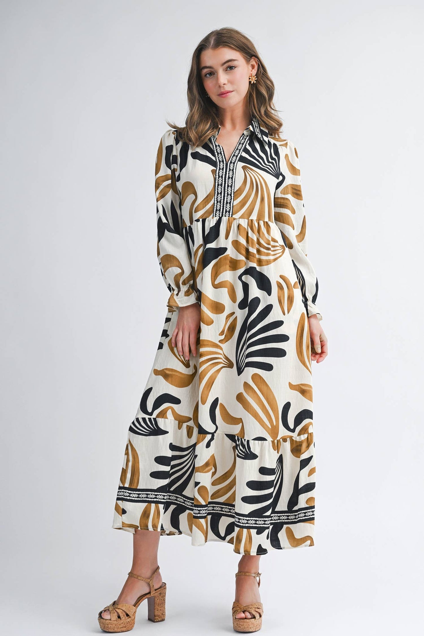 Aapparella - Abstract Long Sleeve Ruffle Hem Maxi Dress | S-XL