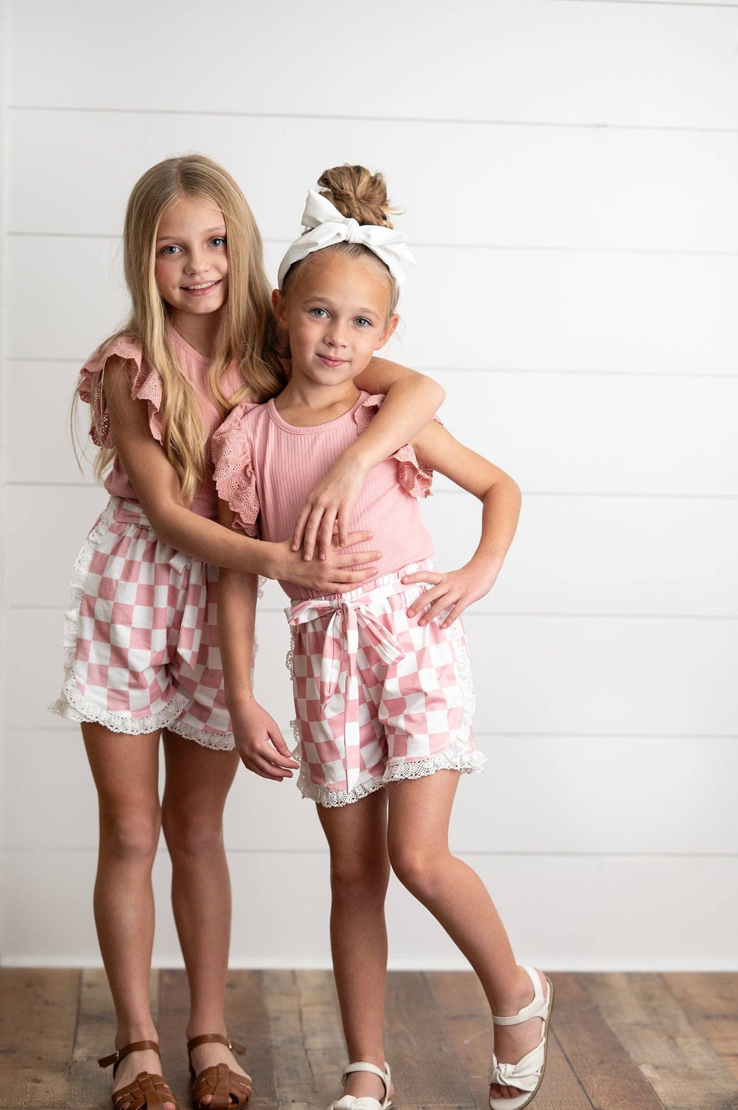 Oopsie Daisy - Girls Pink Lace Checkered Spring Summer Ruffle Short Set: 7/8