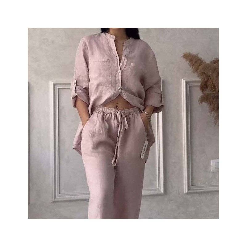 UZ Wholesale Store - Casual Solid Shirt Drawstring Wideleg Pants Set: BLACK / M