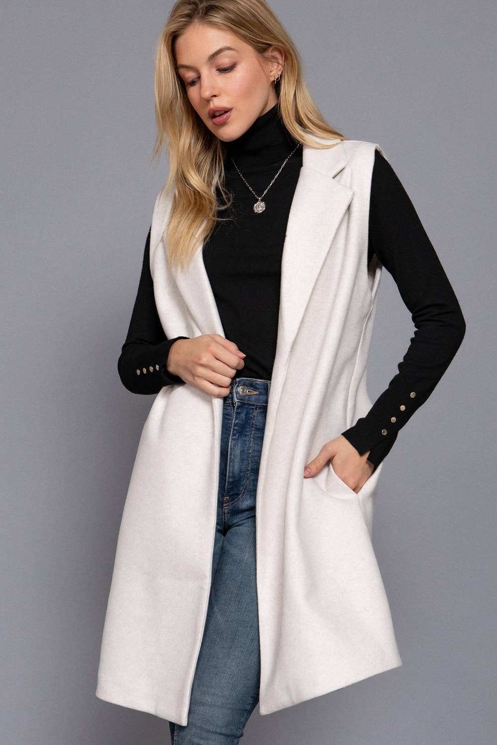 42POPS - ..._ 0709 Sleeveless Notched Collar Soft Open Vest SI-26592: BLK-black-170695 / S