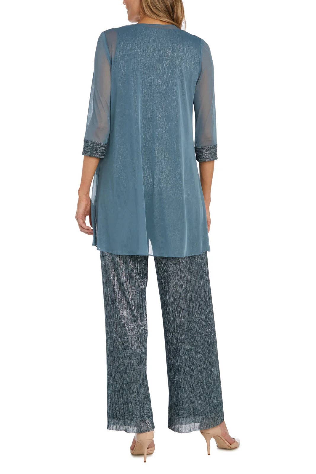 Immediate Apparel - R&M Richards Three Piece Crinkle Pantsuit Mesh Chiffon Jacket Relaxed-Fit Trousers with Necklace: SPRUCE / 14