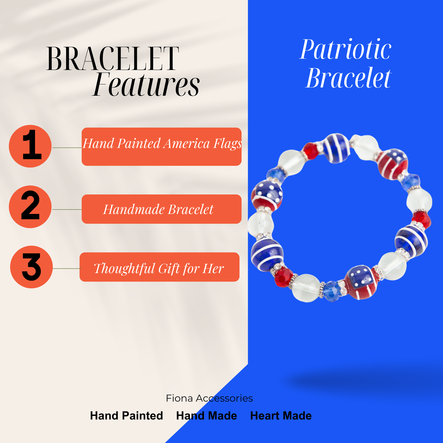 Fiona Accessories - American Flag Patriotic Bracelet, 4th of July Gift for Women: Flag