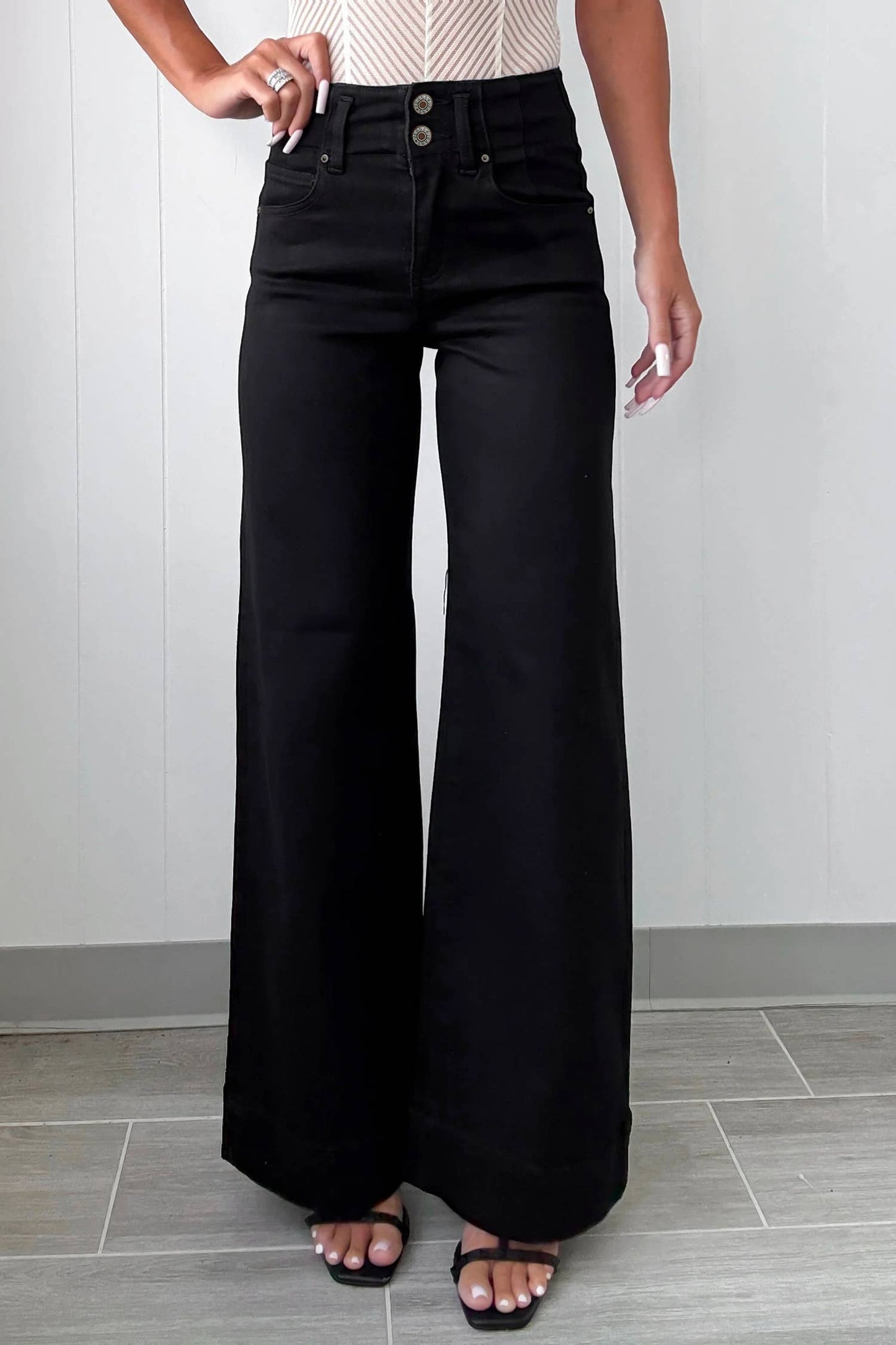 66DISCO - 66 Love 2-Button High Waist Flared Bottom Jeans: White / Missy Fit