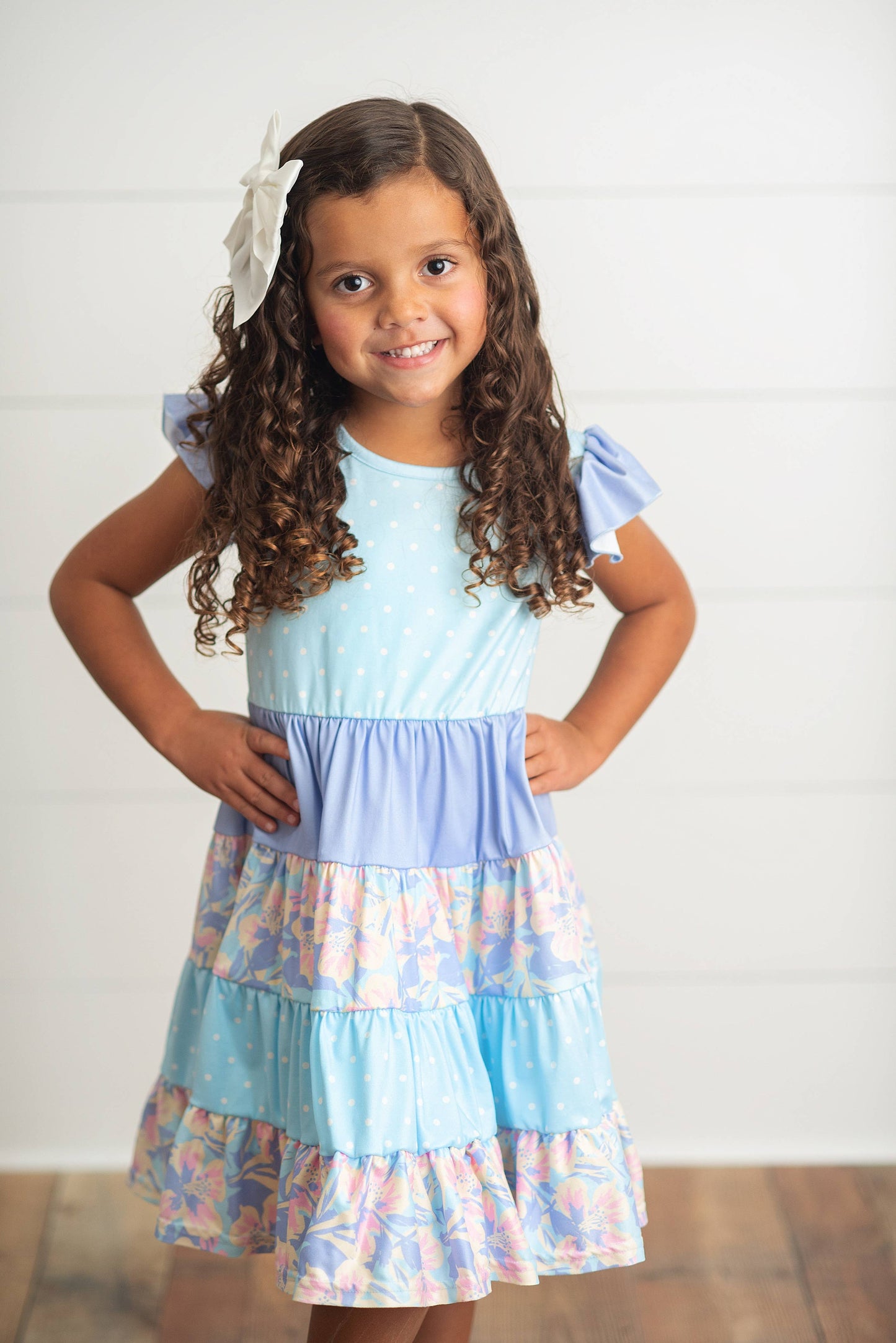 Oopsie Daisy - Kids Blue & Purple Polka Dot Floral Tiered Spring Dress: 7/8