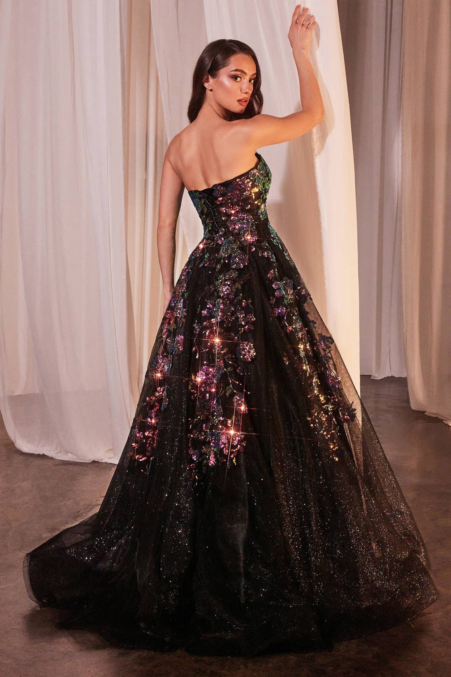 Ladivine by Cinderella Divine - STRAPLESS FLORAL APPLIQUED BLACK BALL GOWN: Black / 6