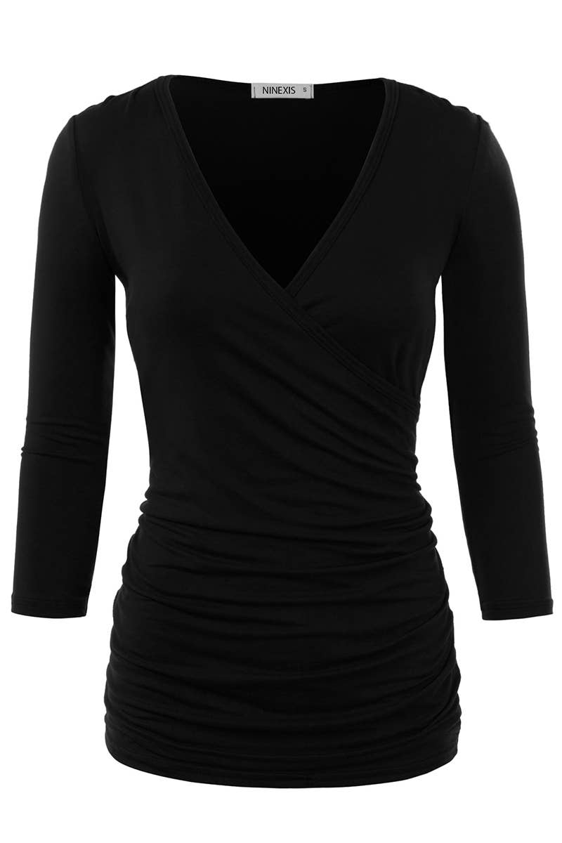 NINEXIS - CWTTL1403_3/4 Sleeve Tank Tops Deep V-Neck Surplice Wrap: NAVY / (S) 1