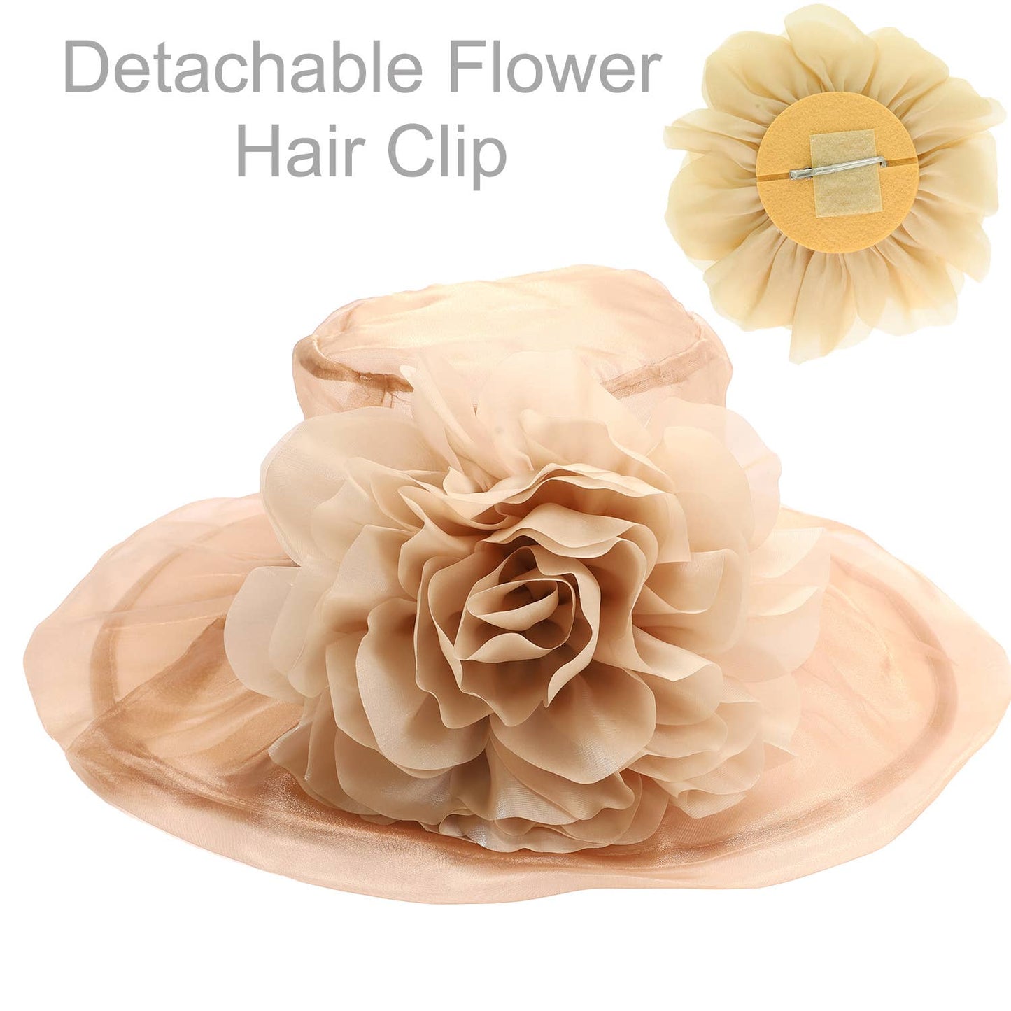 SP Sophia Collection - Wide Brim Organza Hat with Detachable Floral Fascinator Clip: Black