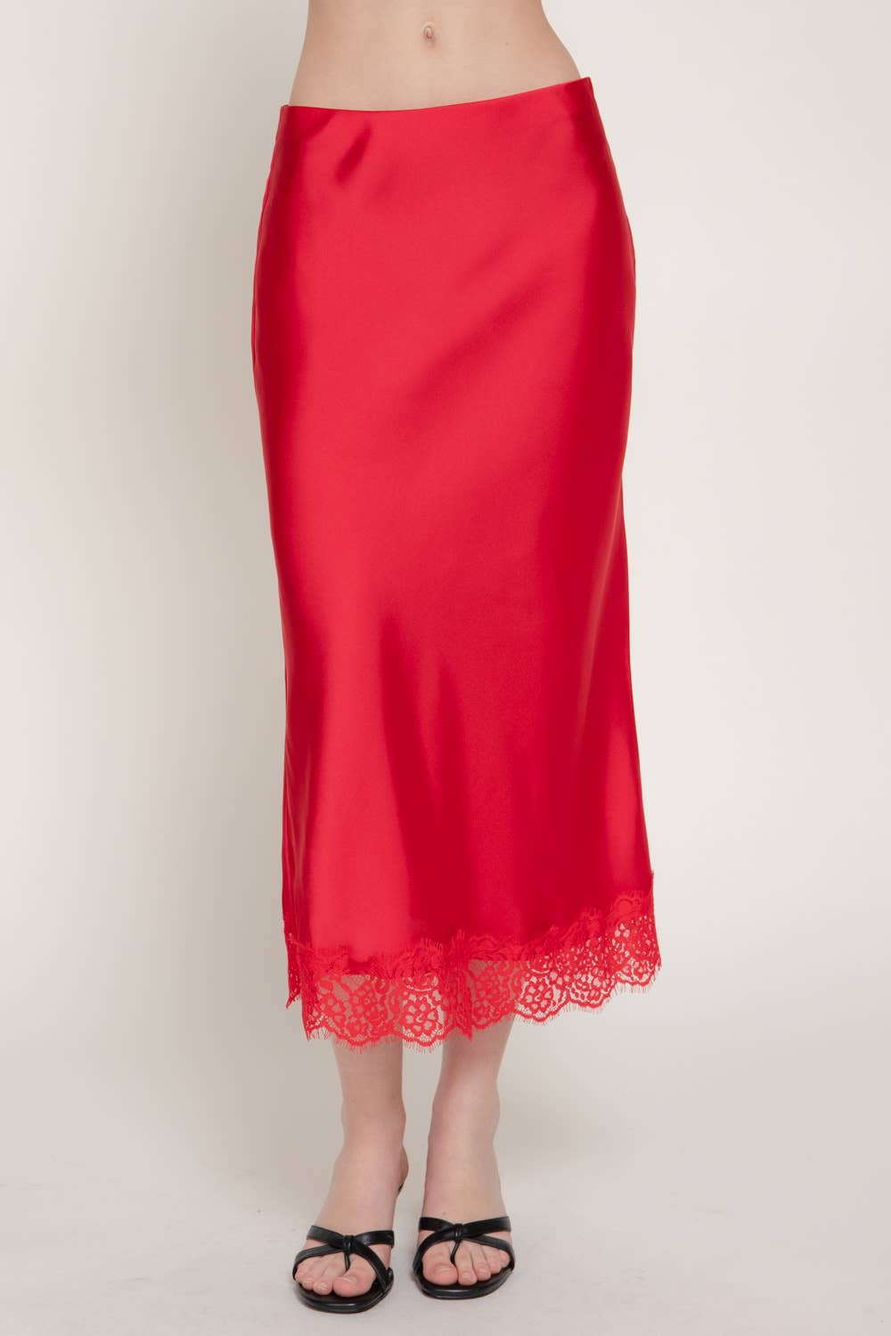 42POPS -  Mid-rise Lace Trim Satin Midi Skirt: RED-RED