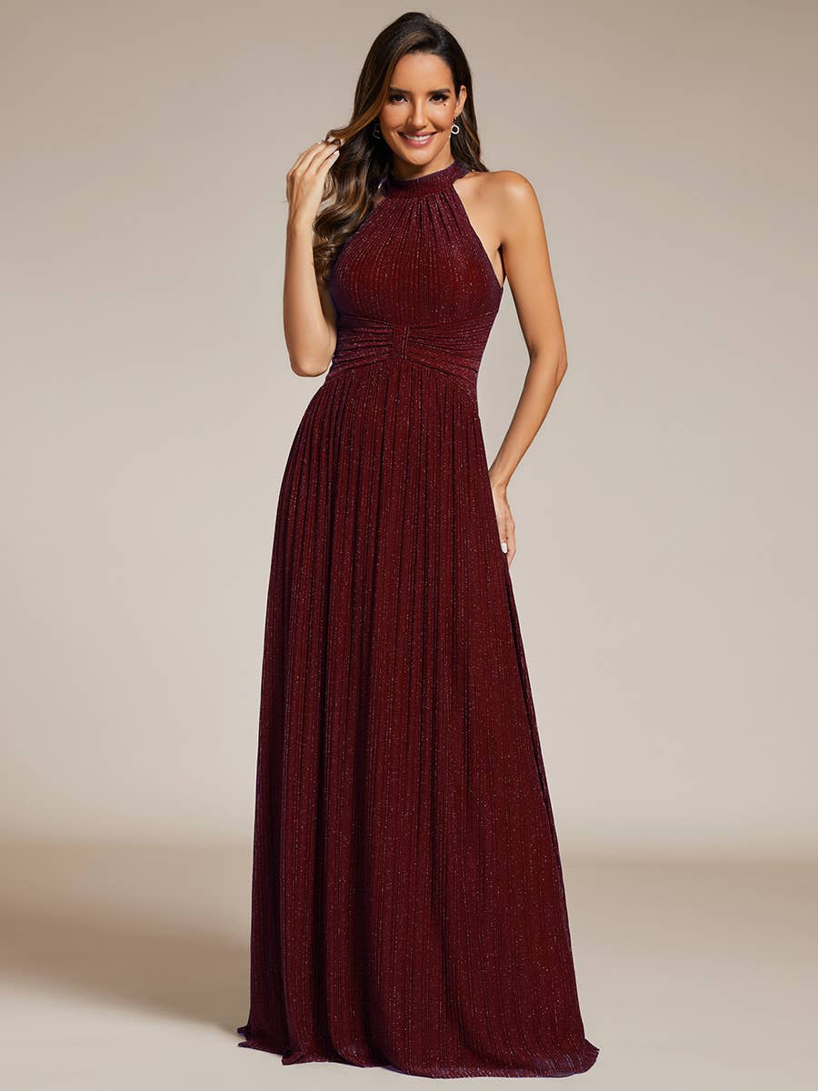 Ever-Pretty - Glittery Halter Neck Pleated Formal Evening Dress: Dark Green / 12