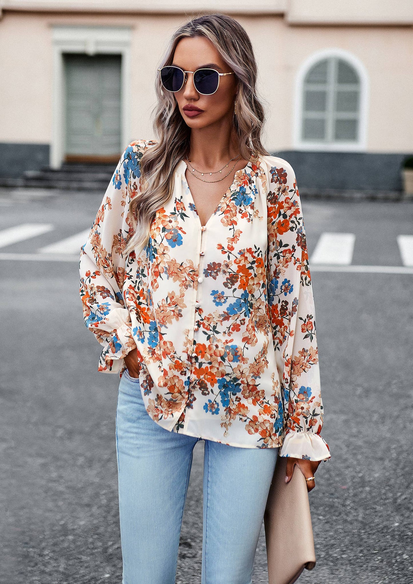 ePretty - Floral Button Down Long Sleeve Blouse SZ25-TP32012: Beige / XL