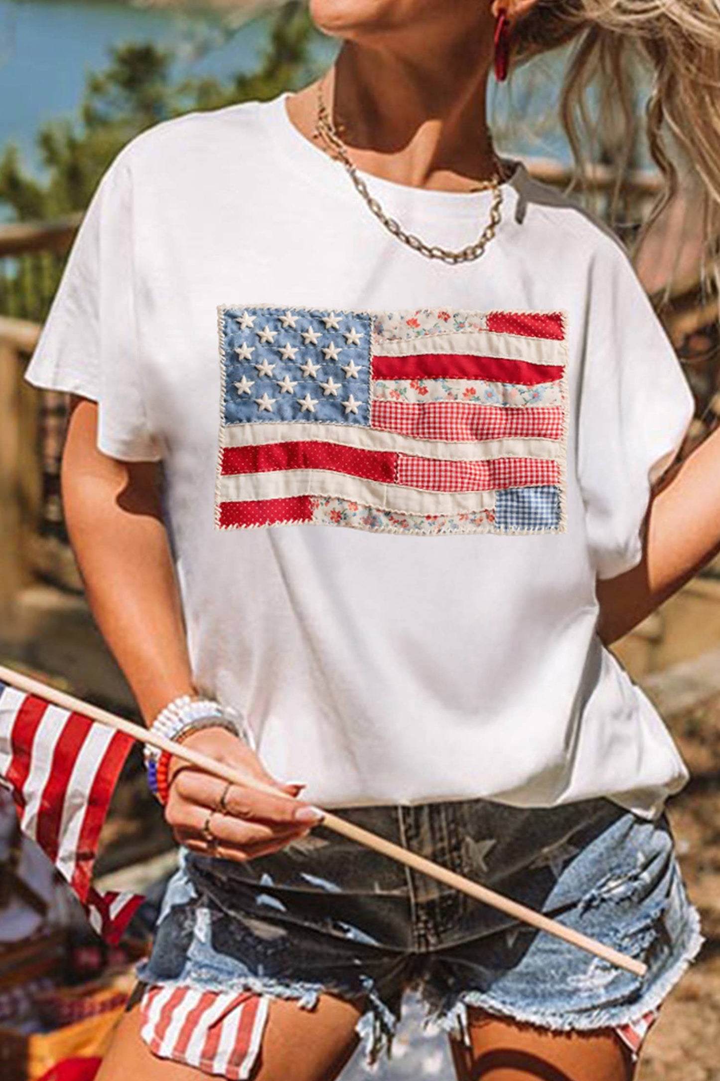 66DISCO - Faux Patchwork Printed US Flag Casual Tee