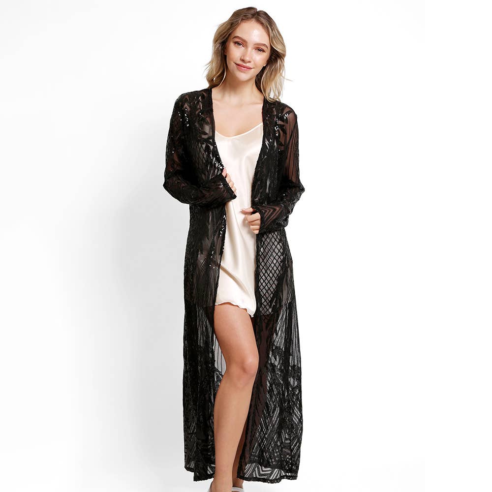 Sensibling Corp. - Leaves Pattern Sequin Long Cover-Up Kimono Poncho: Black