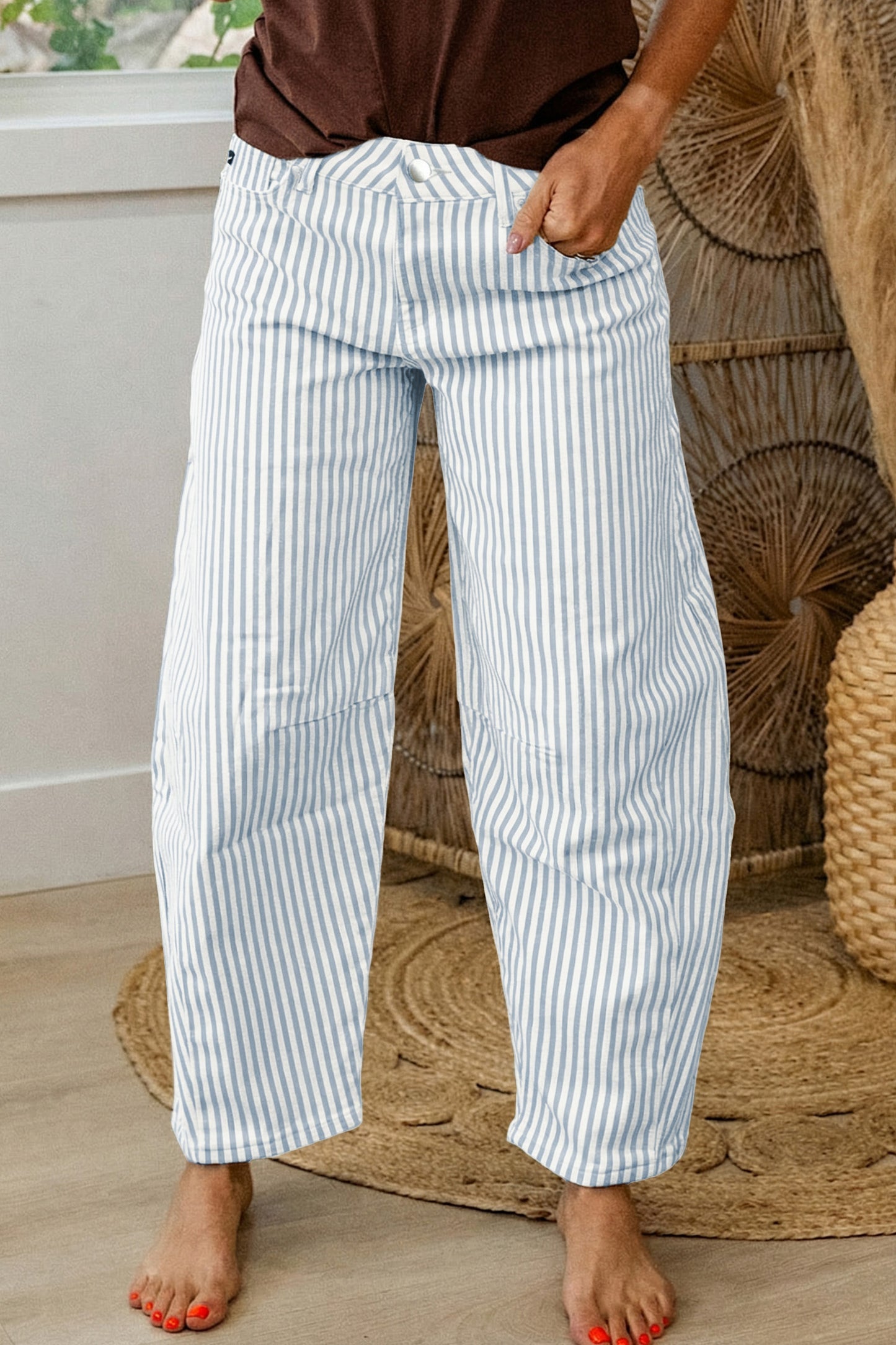 Khaki Stripe Casual Barrel Jeans