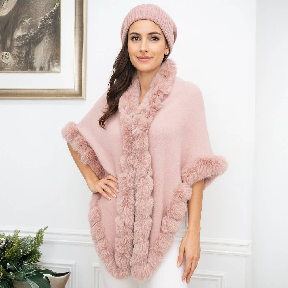 Sensibling Corp. - Elegant Faux Fur Trim Cape Poncho: Gray,Light