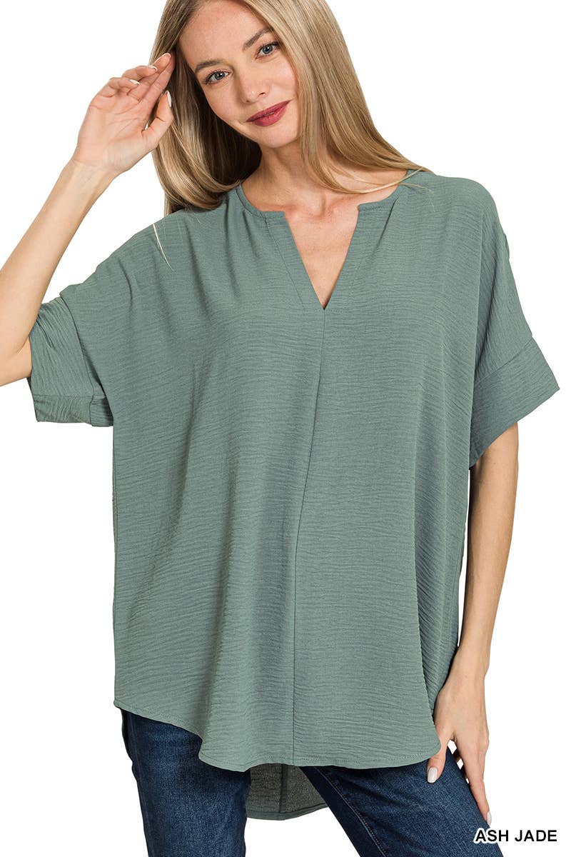 42POPS -Woven Airflow Split Neck Short Sleeve Top Fuschia
