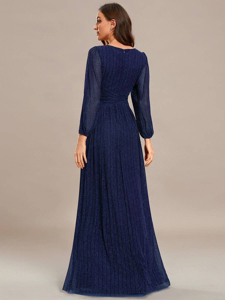 Ever-Pretty - Maxi Long Chiffon Waist V Neck Long Sleeves Evening Dress: Burgundy / 14