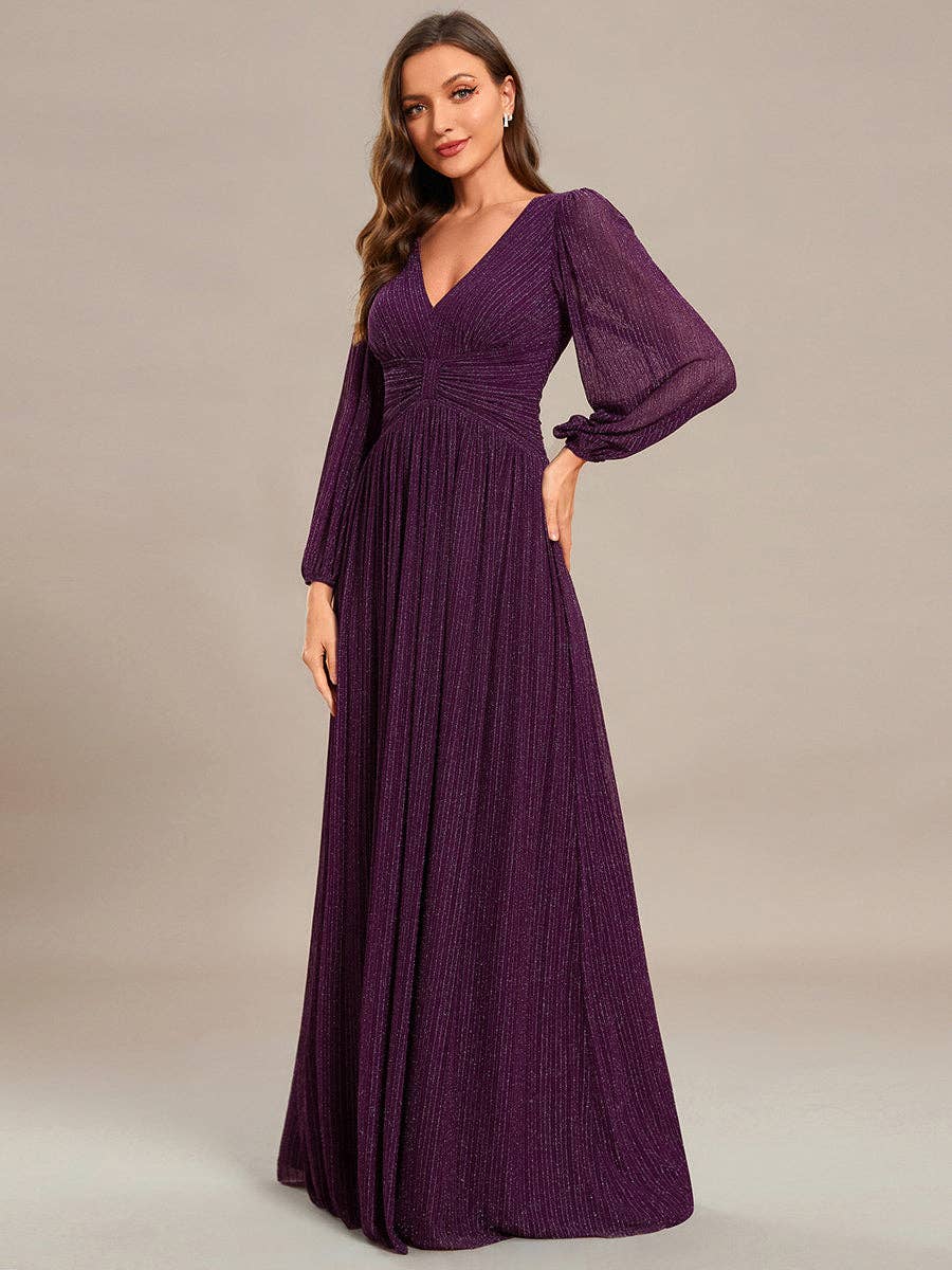 Ever-Pretty - Maxi Long Chiffon Waist V Neck Long Sleeves Evening Dress: Burgundy / 14