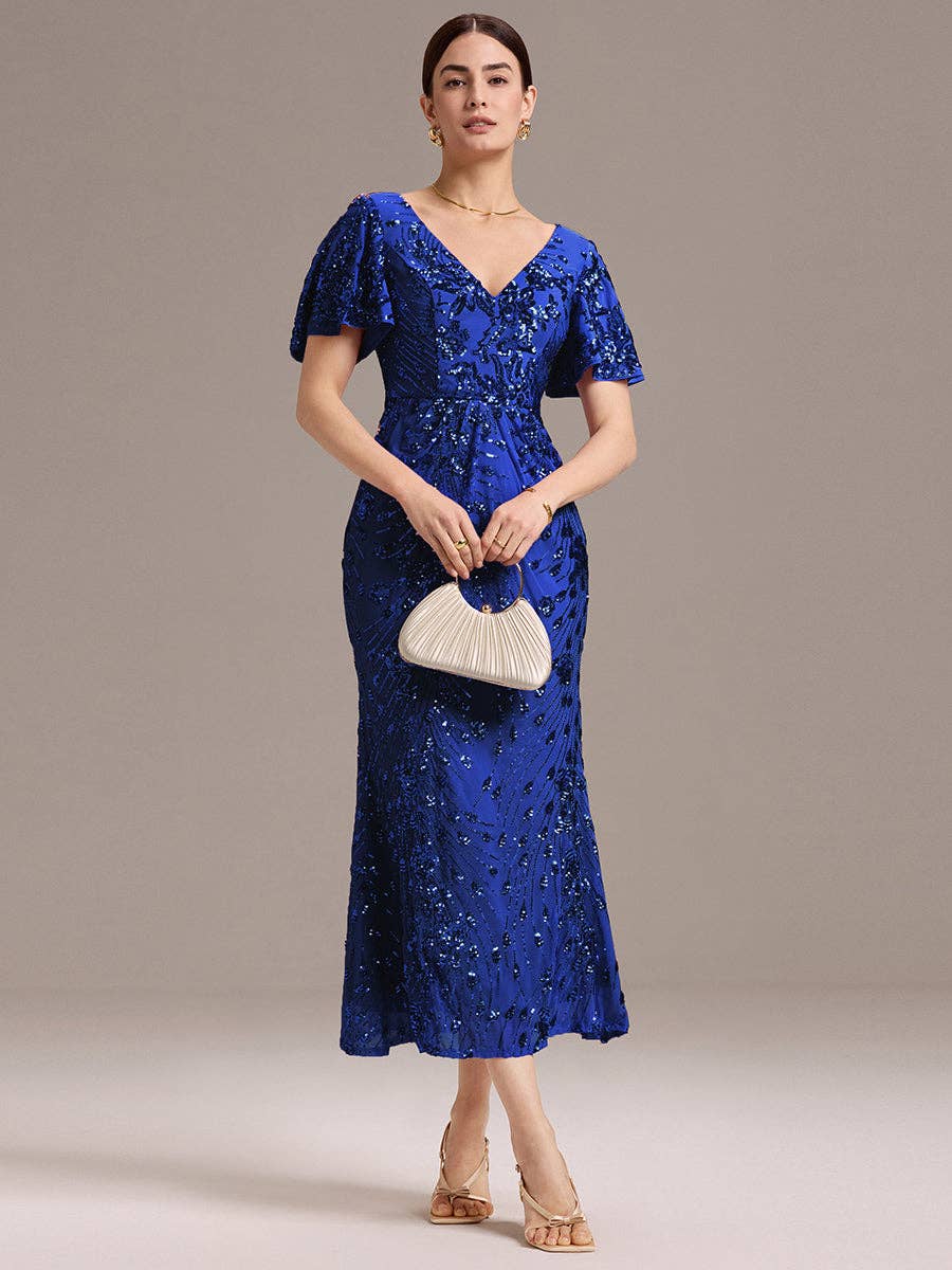 Ever-Pretty - Strapless Deep Fishtail Paillette Midi Evening Dresses: Sapphire Blue / 22