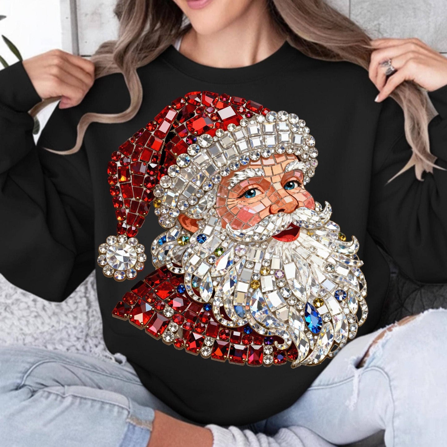 DLT Ecommerce - Faux Rhinestone Santa Shirt, Bling Christmas Sweatshirt: Black / L / Sweatshirt