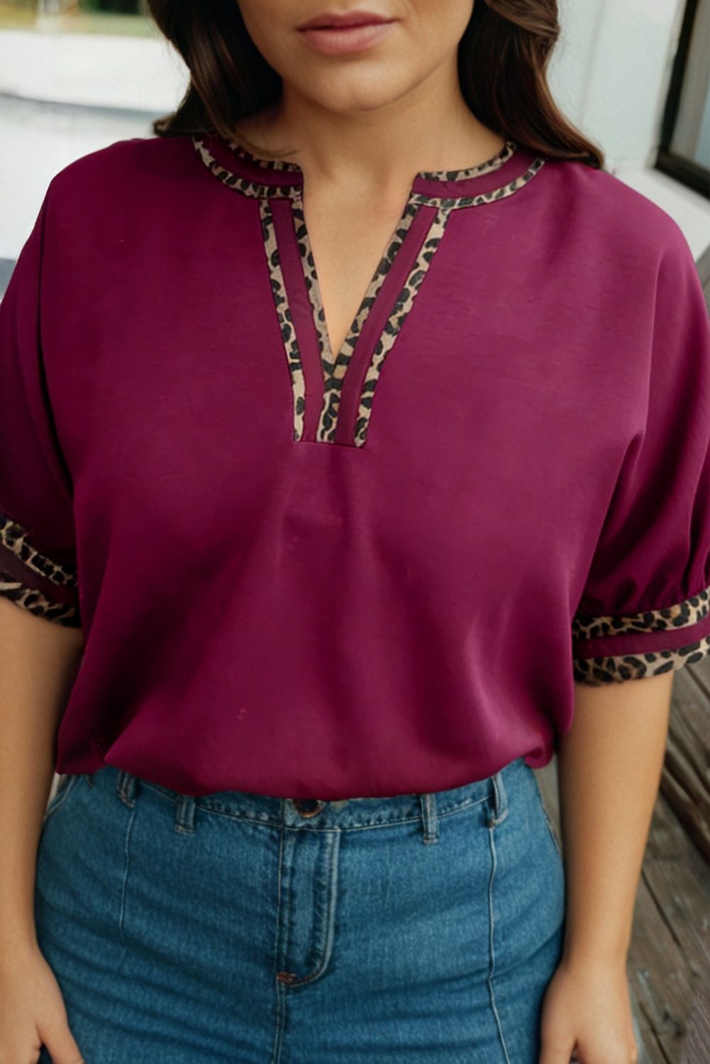 66DISCO - Contrast Leopard Trim V Neck Short Sleeve Blouse (S-XL): Red Dahlia / Missy / M