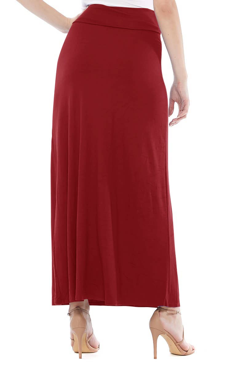 MOA COLLECTION - Solid Color Basic Casual Knit Long Maxi Skirt: Burgundy / XL