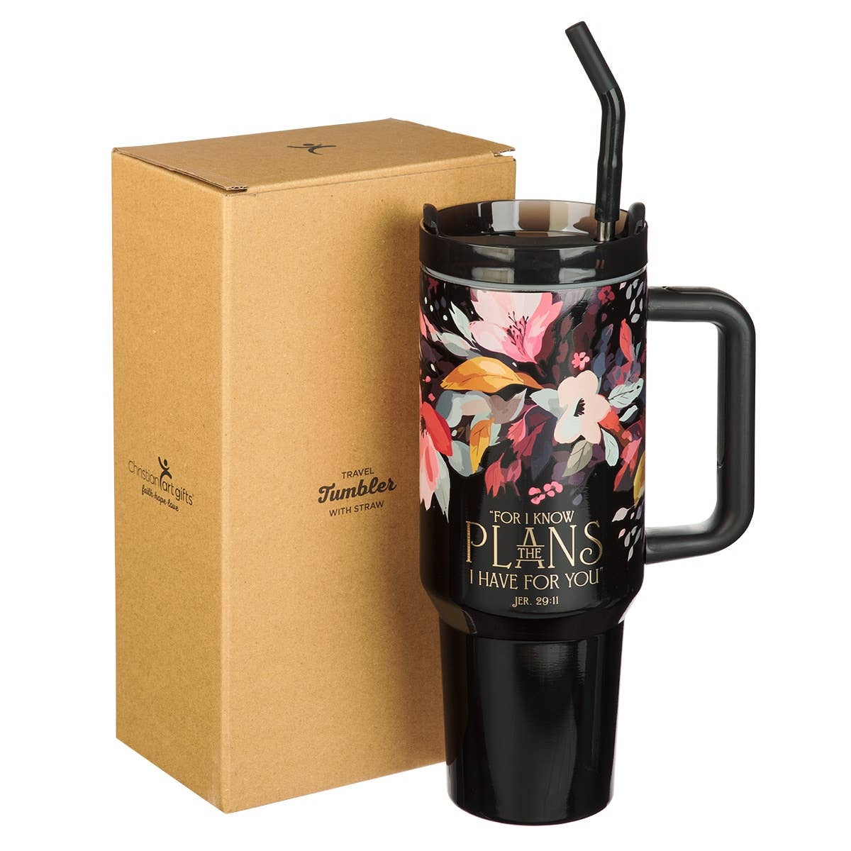Christian Art Gifts - Tumbler w/straw SS Black Jer. 29:11
