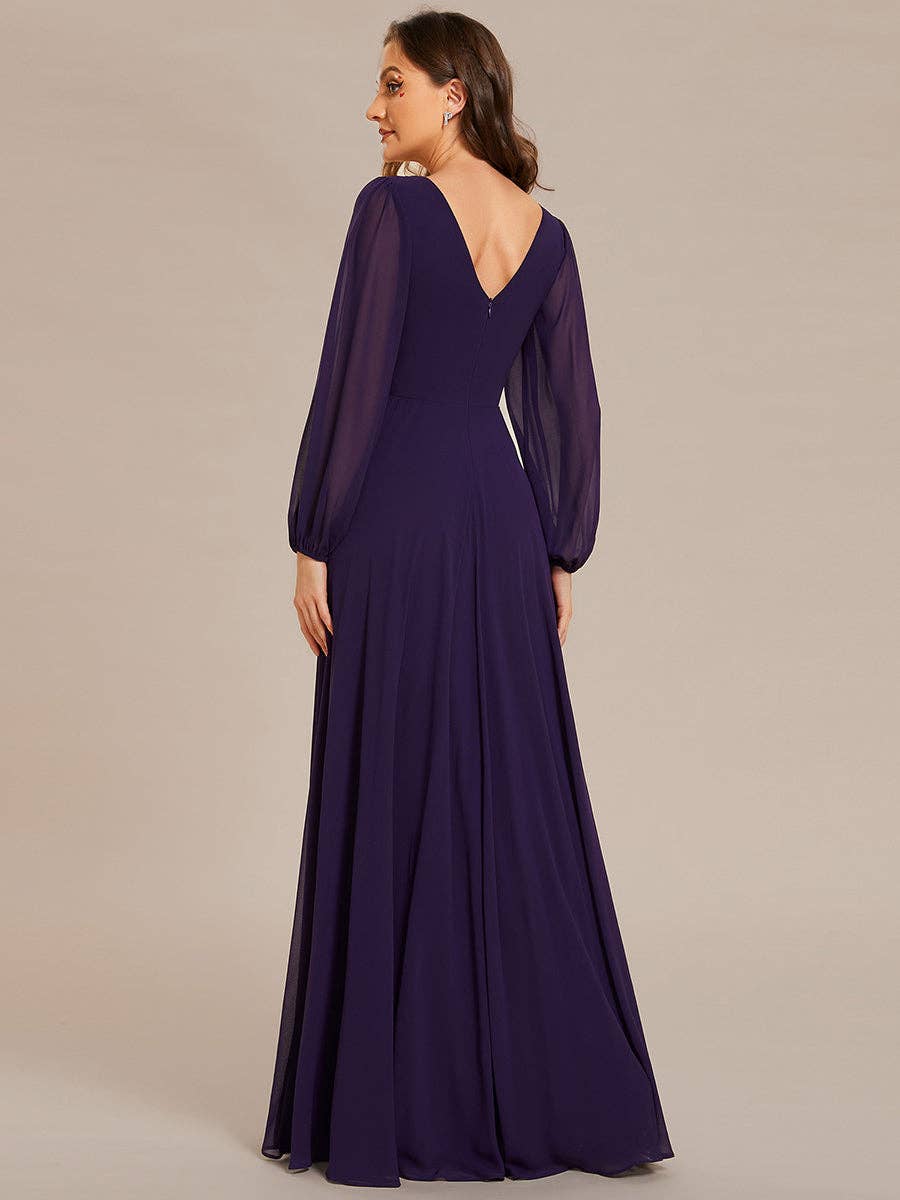 Ever-Pretty - Elegant waisted chiffon V-neck Long Sleeve guest Dress: Burgundy / 12