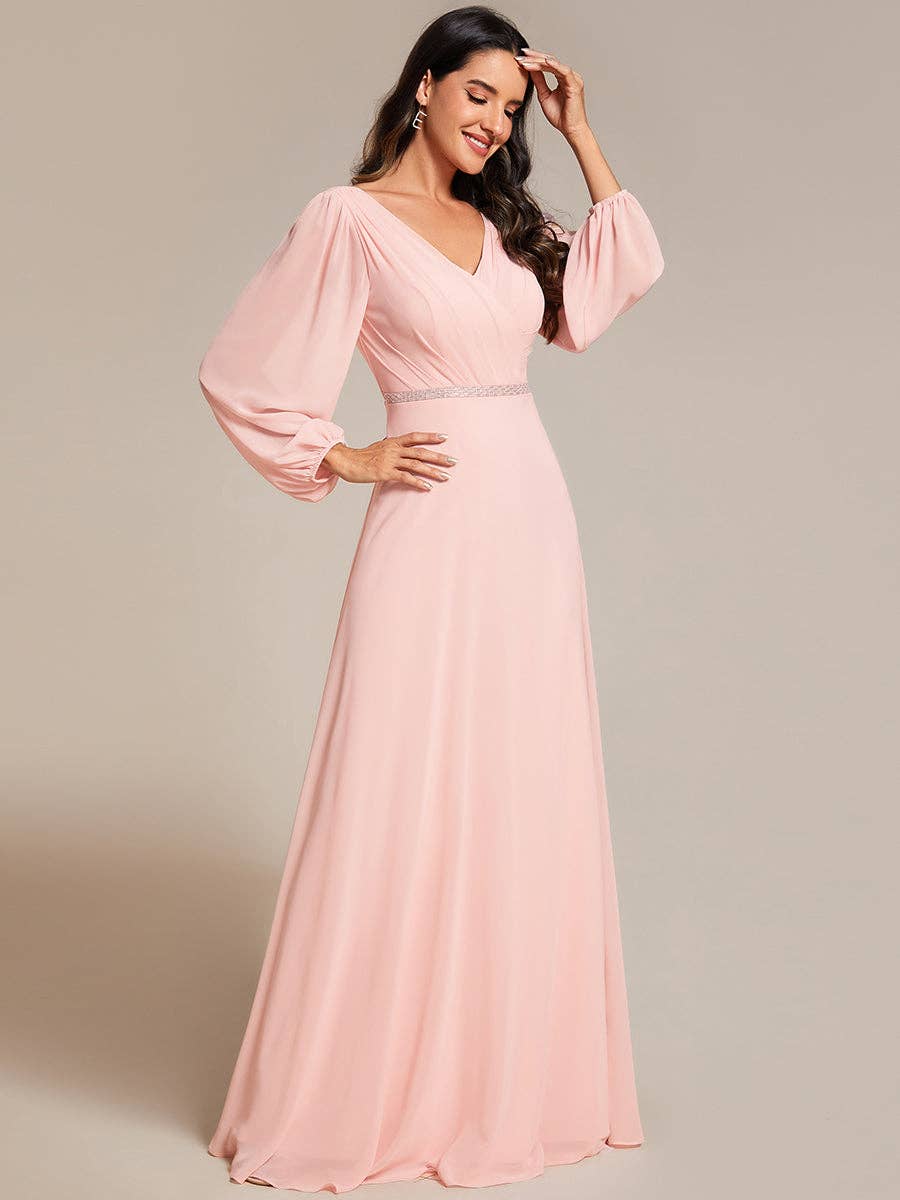 Ever-Pretty - Elegant waisted chiffon V-neck Long Sleeve guest Dress: Burgundy / 12