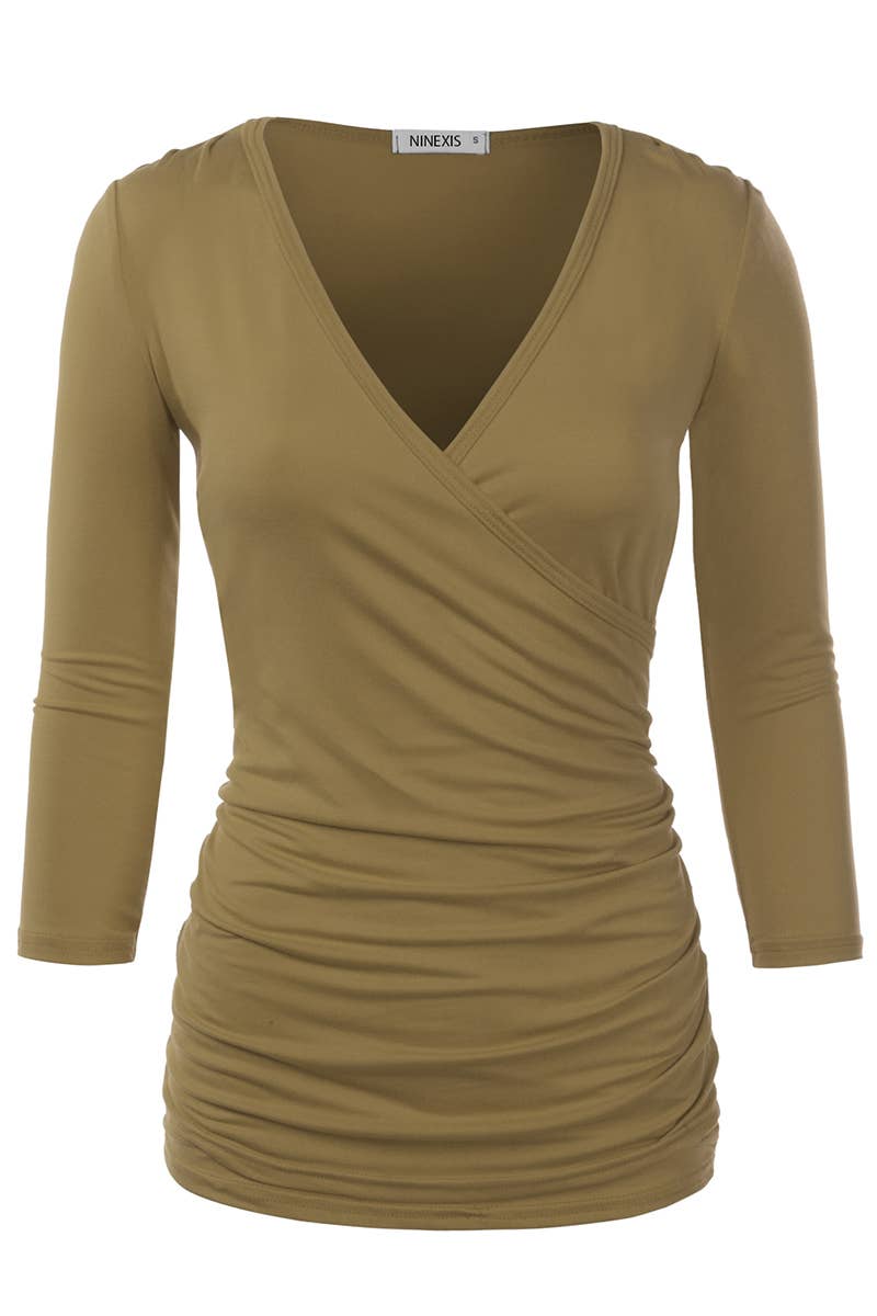NINEXIS - CWTTL1403_3/4 Sleeve Tank Tops Deep V-Neck Surplice Wrap: NAVY / (S) 1