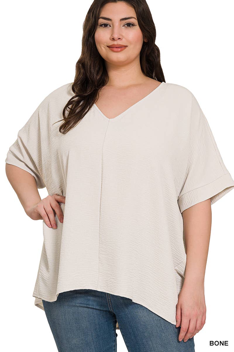 42POPS - PLUS SIZE WOVEN AIRFLOW V-NECK DOLMAN SHORT SLEEVE TOP: FUCHSIA-152206 / 3X