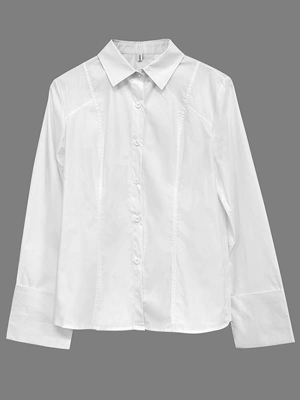 Sheer Trend - Long Sleeves Loose Buttoned Solid Color Lapel Blouses&Shirts Tops: WHITE / 2XL