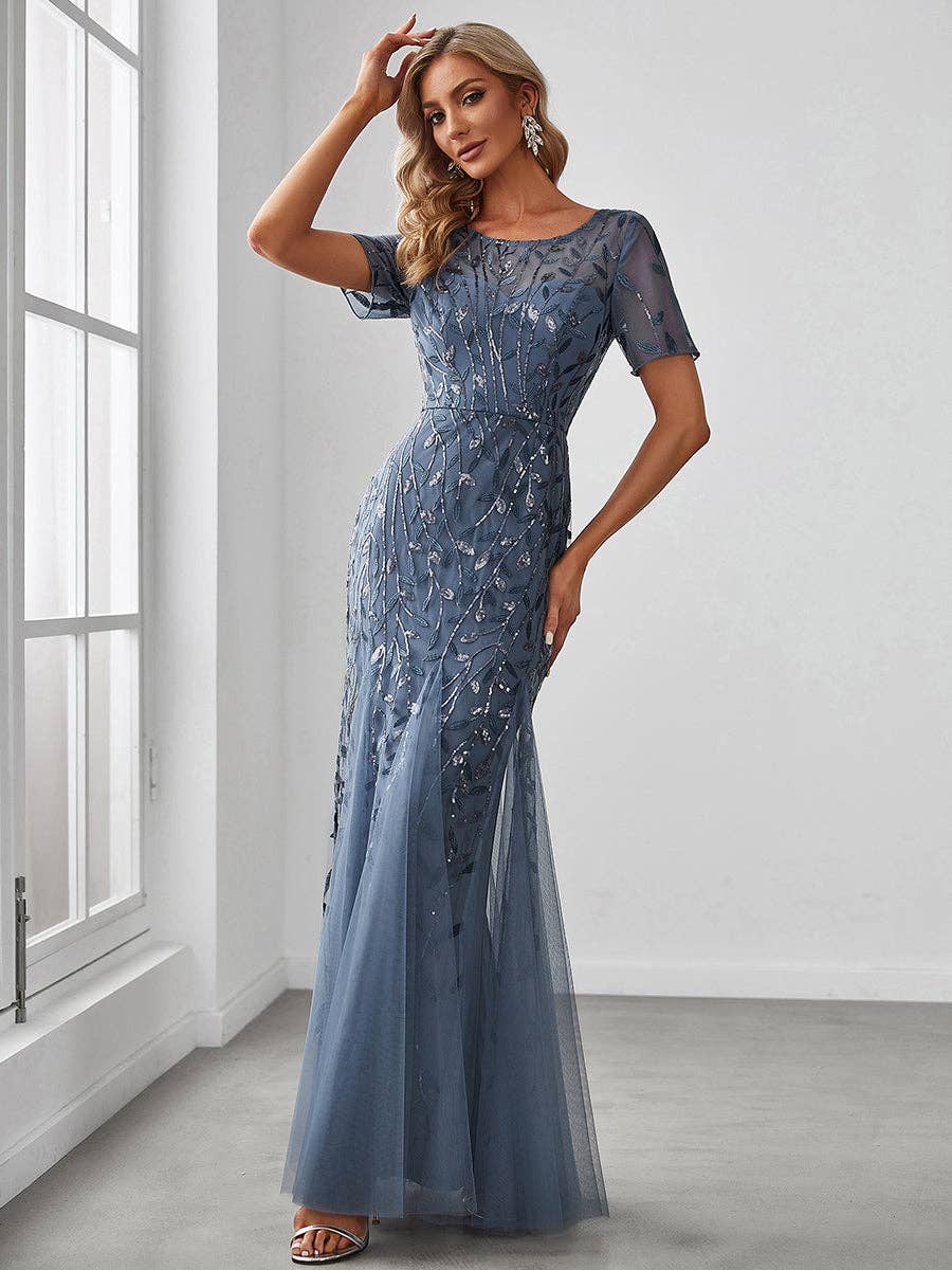 Ever-Pretty - Sequin Shiny Fishtail Tulle Dresses for Party: Dusty Navy / 14