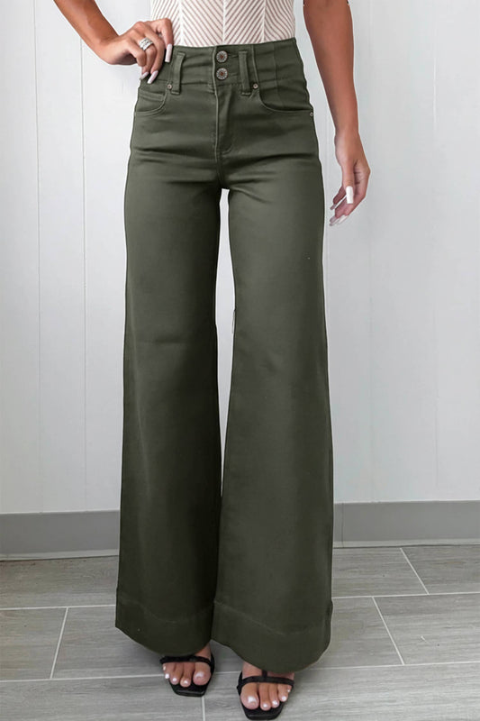66DISCO - 66 Love 2-Button High Waist Flared Bottom Jeans: Green / Missy