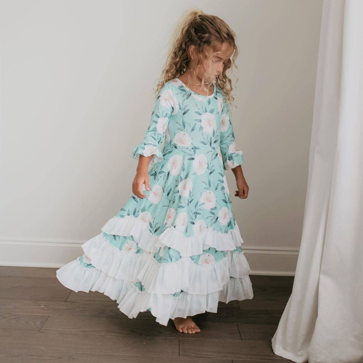 Oopsie Daisy - Kids Winter Mint Floral Long Sleeve Fall Ruffles Dress: 7/8