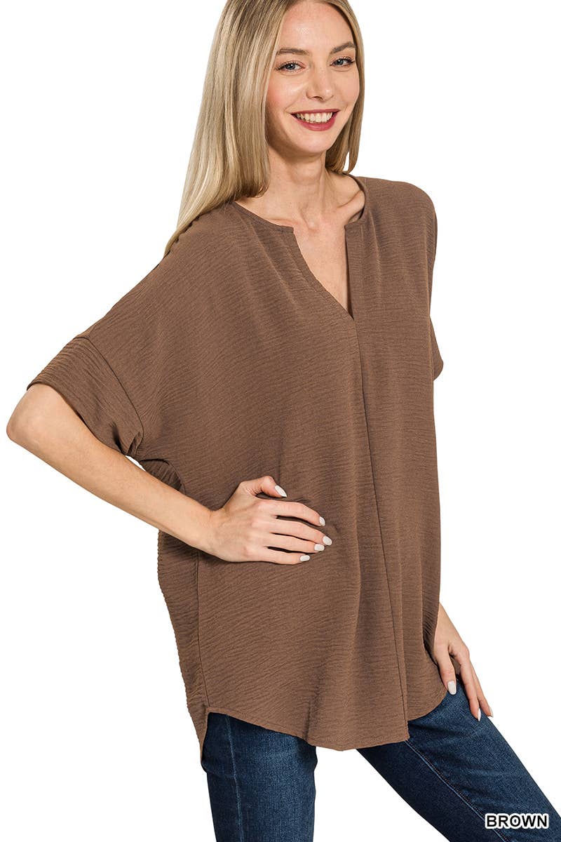 42POPS -Woven Airflow Split Neck Short Sleeve Top in Mint