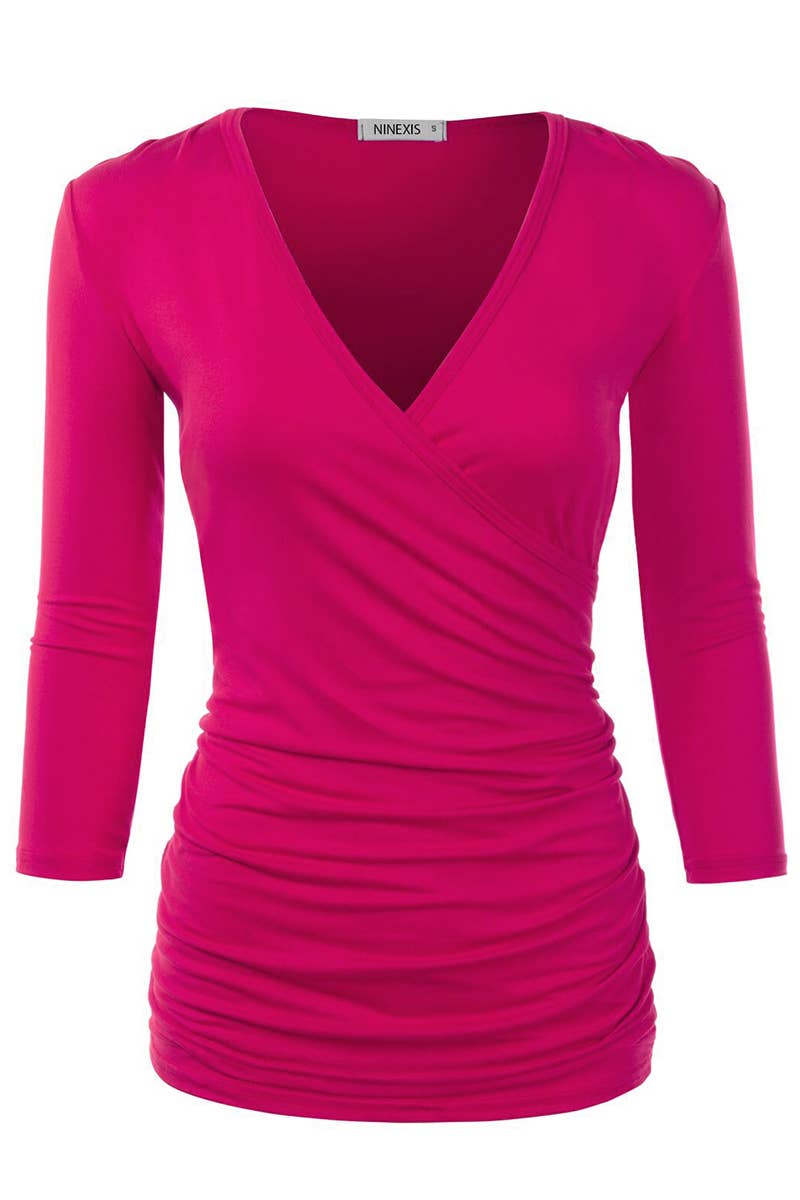NINEXIS - CWTTL1403_3/4 Sleeve Tank Tops Deep V-Neck Surplice Wrap: NAVY / (S) 1