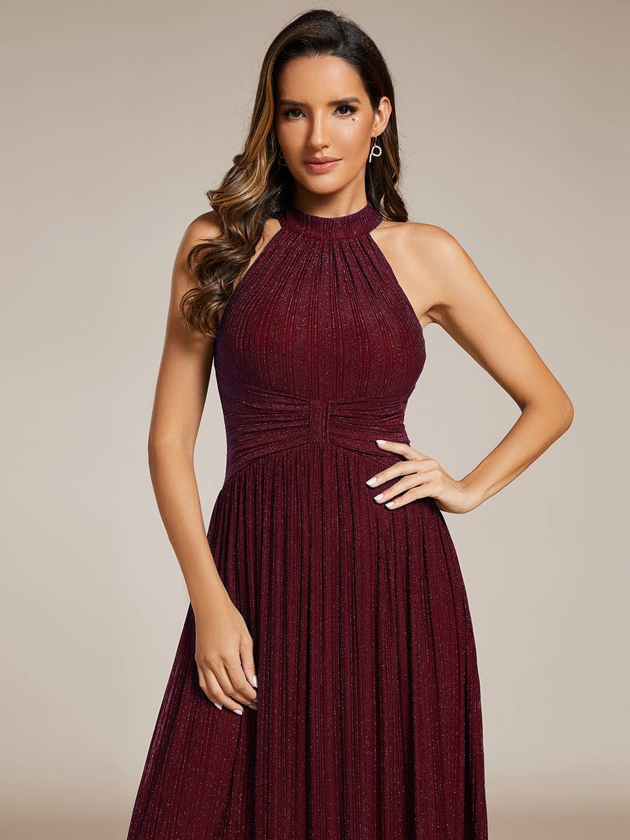 Ever-Pretty - Glittery Halter Neck Pleated Formal Evening Dress: Dark Green / 12