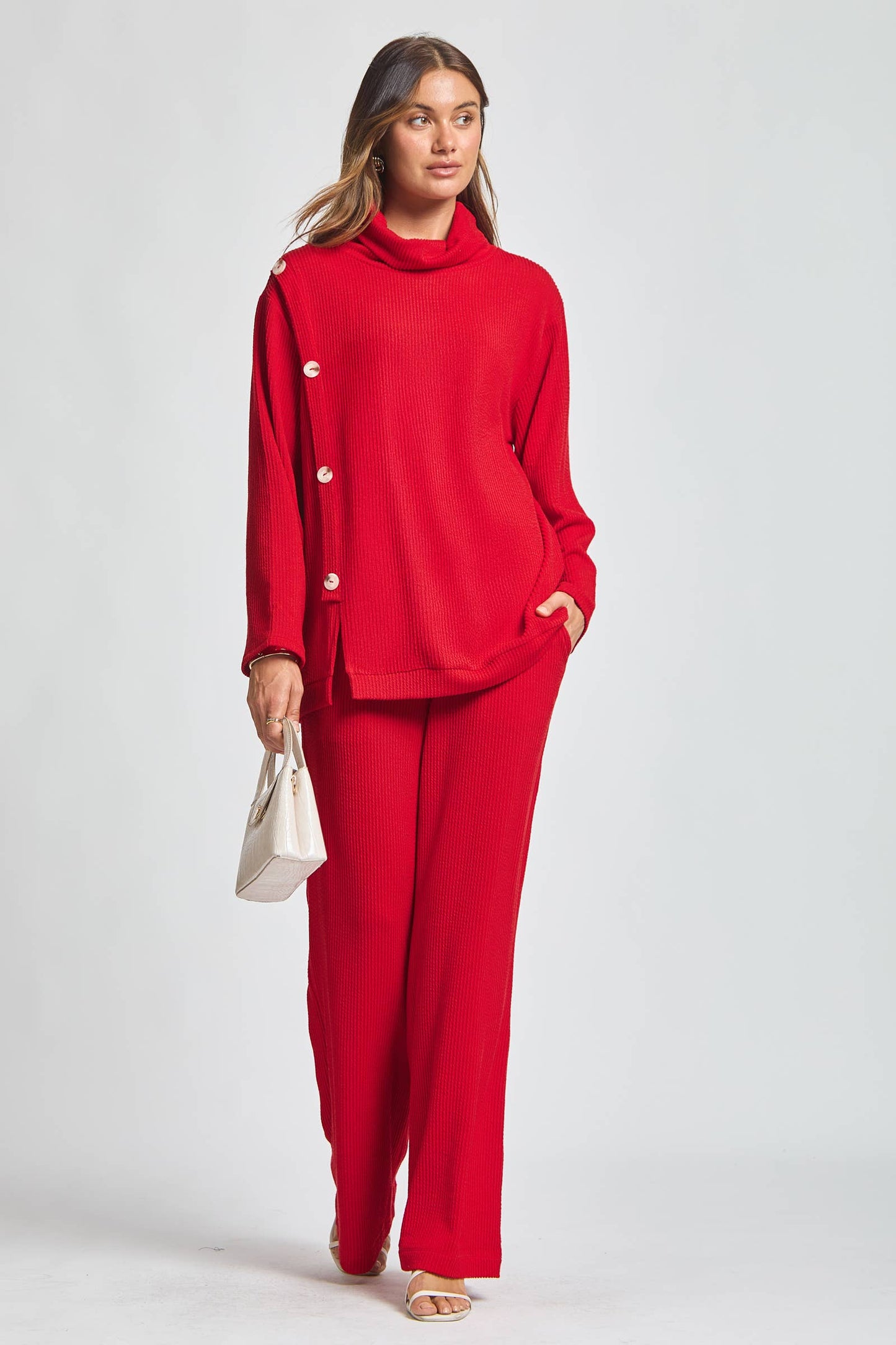 Dear Scarlett - 2-Piece Cowl Neck Ribbed Set TRVSET-LAVISH: WINE