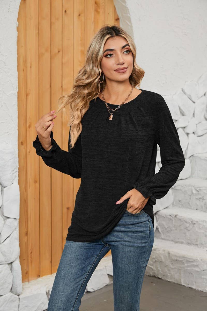 NINEXIS - CWTBLL1048_SOLID COLOR LONG SLEEVE ROUND NECK CASUAL TOP: Green / (XL) 1
