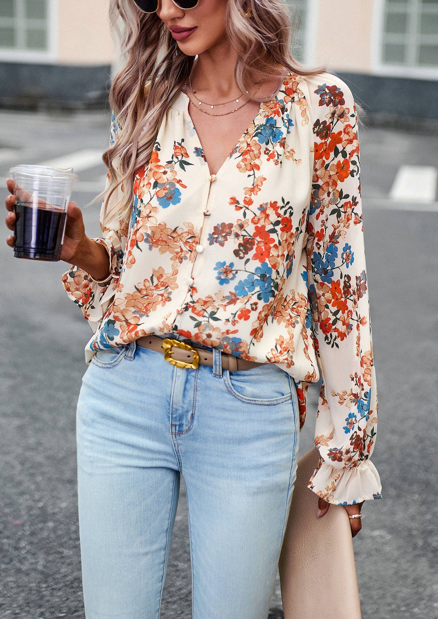 ePretty - Floral Button Down Long Sleeve Blouse SZ25-TP32012: Beige / S