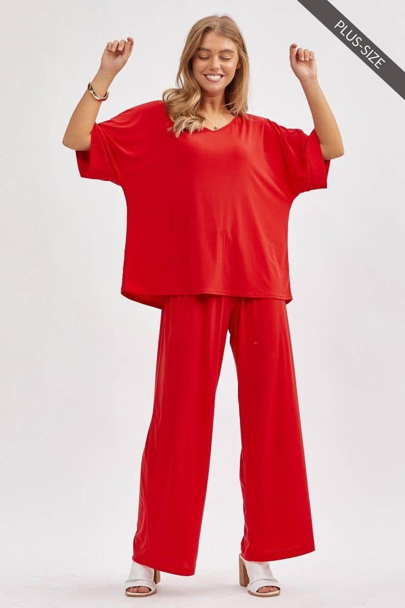 Dear Scarlett - PLUS SIZE Stylish Flowy Top + Wide Leg Set TRVSET-CABANAP: EMERALD / 3X