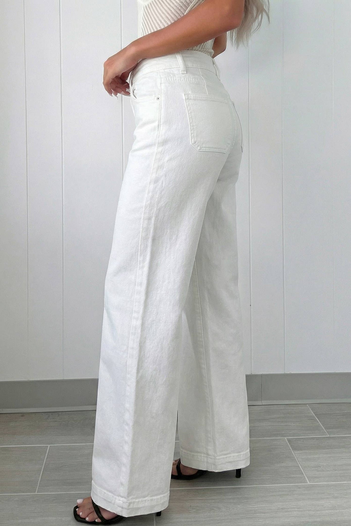 66DISCO - 66 Love 2-Button High Waist Flared Bottom Jeans: White / Missy Fit
