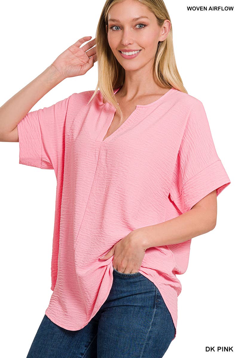 42POPS-Woven Airflow Split Neck Short Sleeve Top Coral