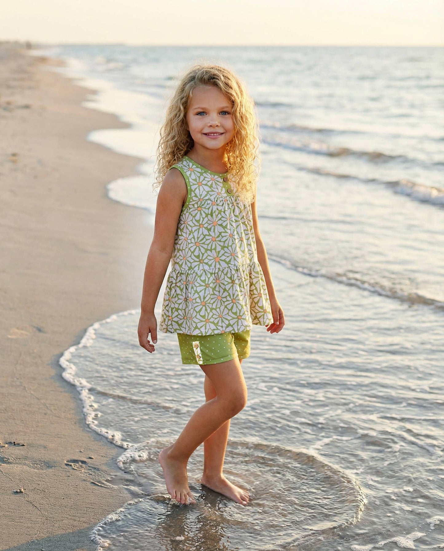 Oopsie Daisy - Kids Ruby Lime Green Daisy Spring Summer Short Set: 7/8