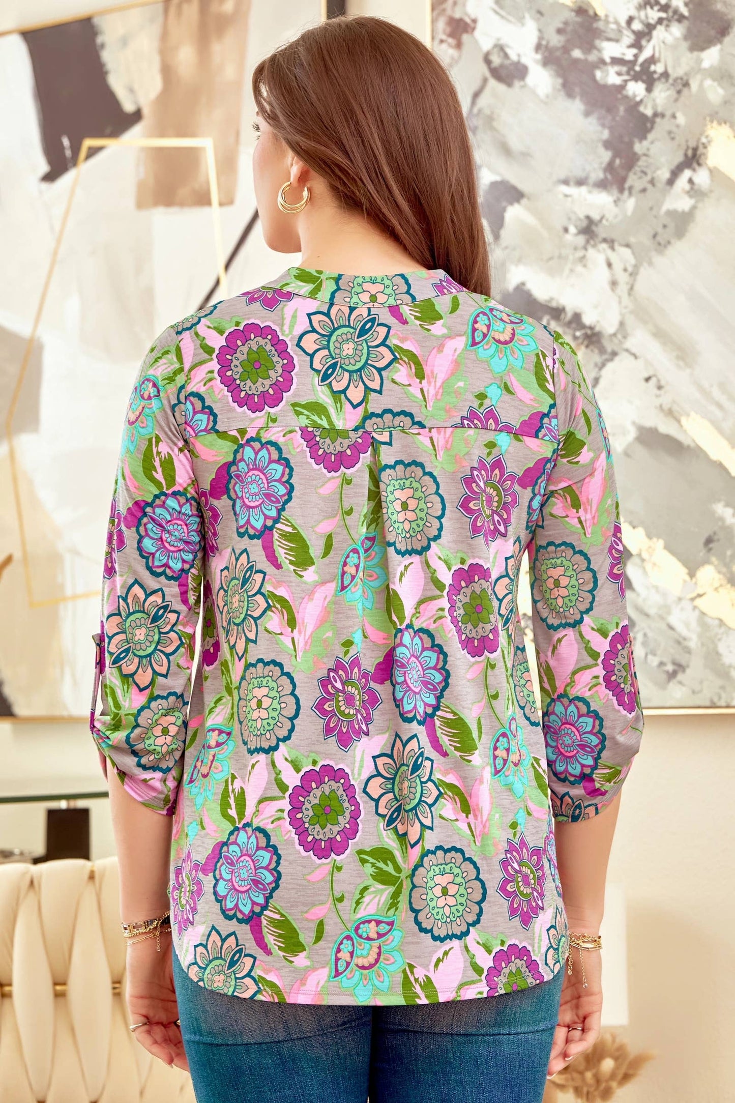 Dear Scarlett - Multicolor Wrinkle Free LIZZY Floral Top LIZZY-V0234: GREY MULTI / S