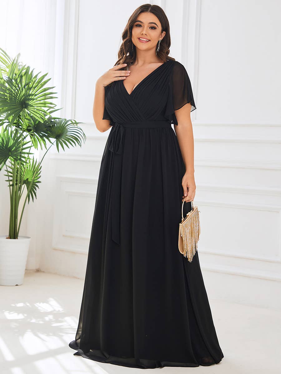 Ever-Pretty - Plus Size Belted Chiffon Bridesmaid Dress: Dark Green / 24